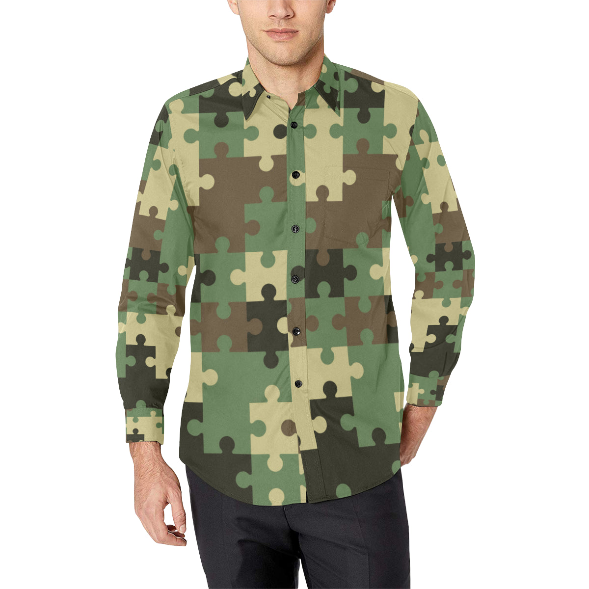 Puzzle Camo Pattern Print Design A03 Men's Long Sleeve Shirt