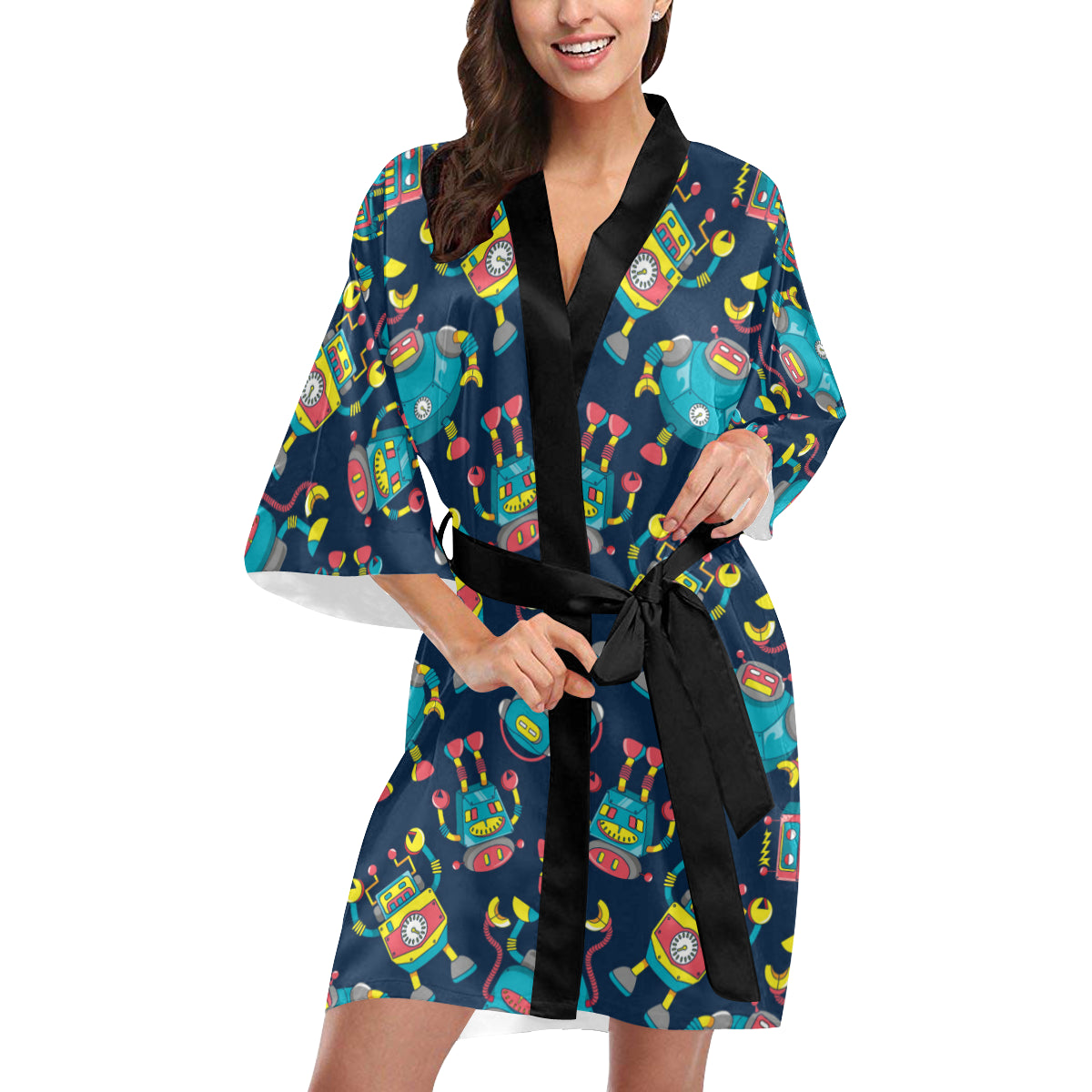 Robot Pattern Print Design A05 Women's Short Kimono