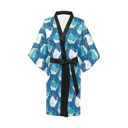 Blue Whale Pattern Print Design 01 Women's Short Kimono