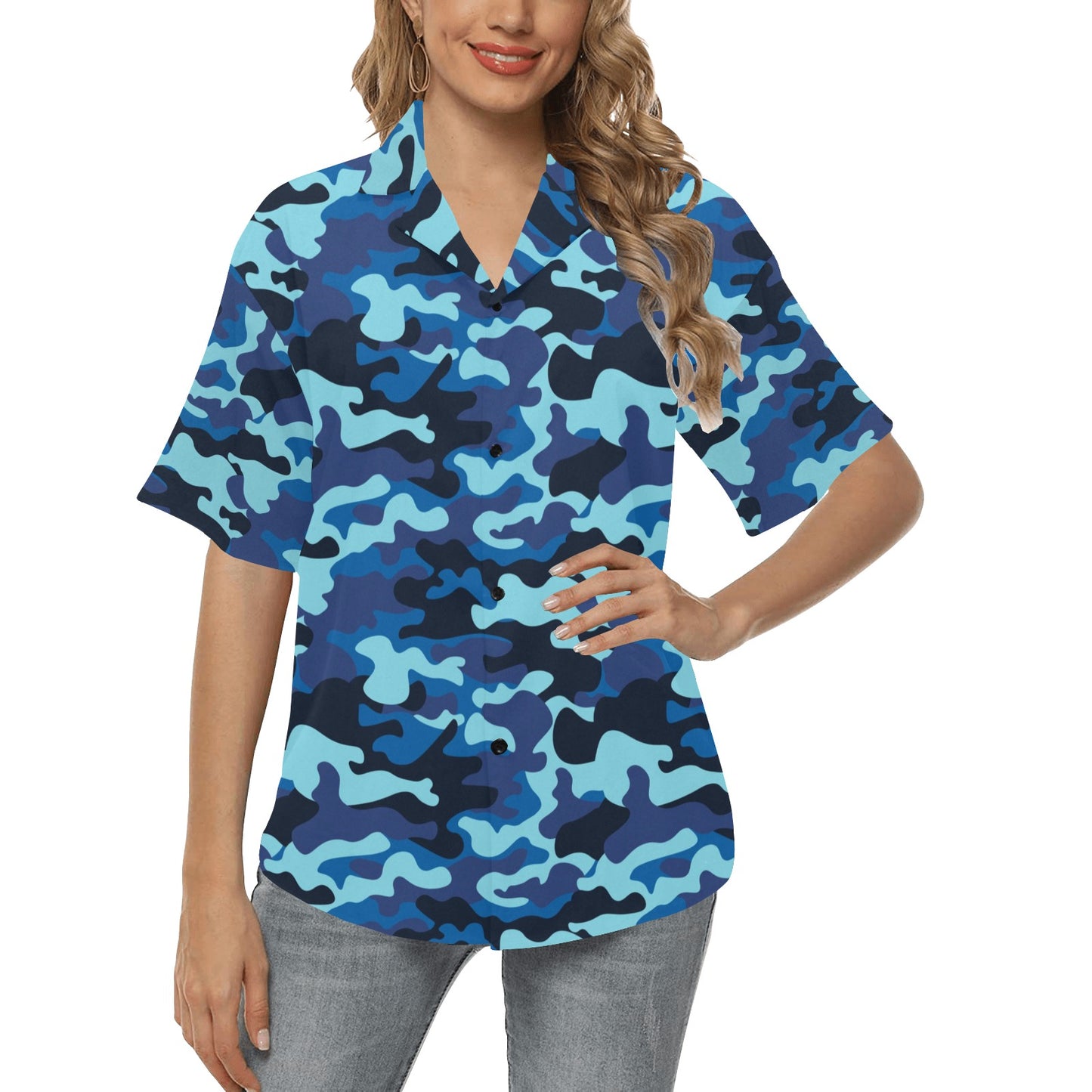 Camo Blue Pattern Print Design 04 Women's Hawaiian Shirt