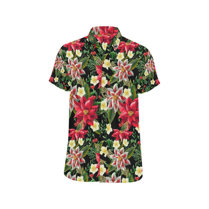 Poinsettia Pattern Print Design POT05 Men's Short Sleeve Button Up Shirt