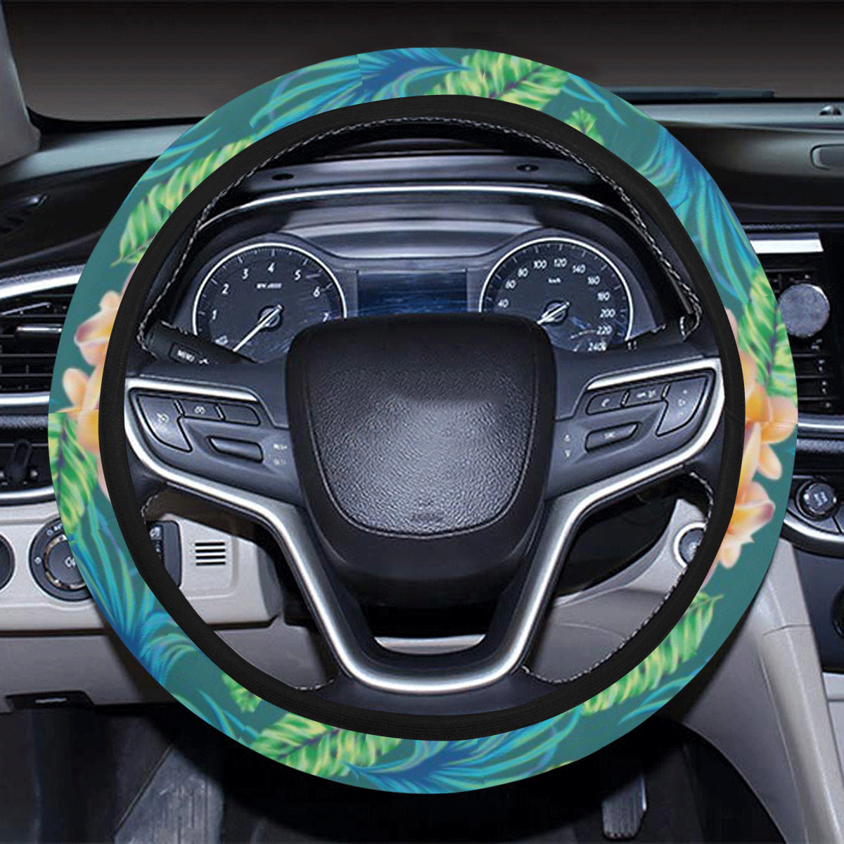 Plumeria Tropical Flower Design Print Steering Wheel Cover with Elastic Edge