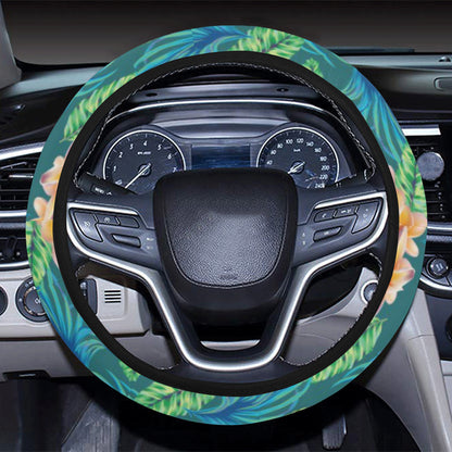 Plumeria Tropical Flower Design Print Steering Wheel Cover with Elastic Edge