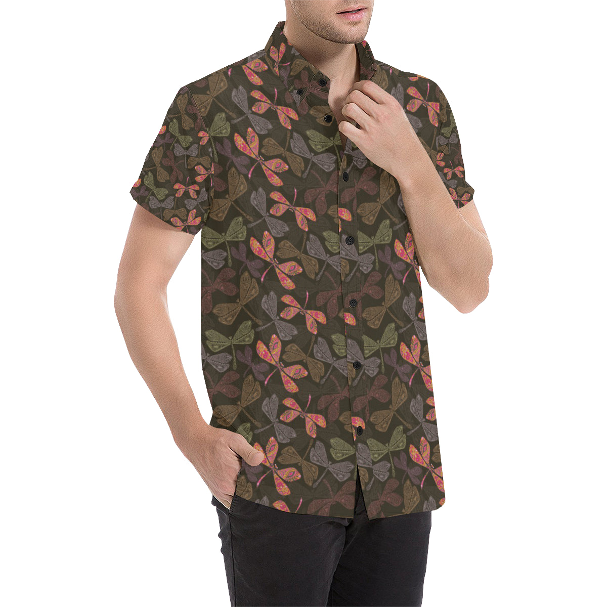Dragonfly Pattern Print Design 02 Men's Short Sleeve Button Up Shirt