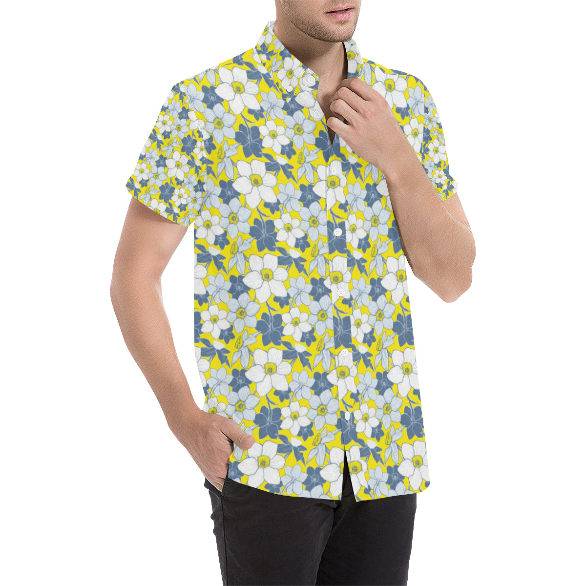 Daffodils Pattern Print Design 01 Men's Short Sleeve Button Up Shirt