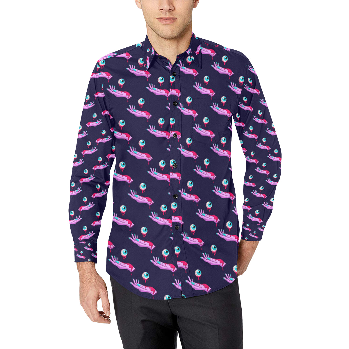 Zombie Pink Hand Design Pattern Print Men's Long Sleeve Shirt
