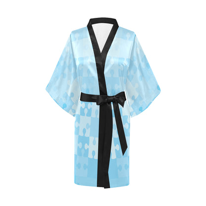 Puzzle Blue Pattern Print Design A04 Women's Short Kimono