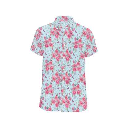 Camellia Pattern Print Design 01 Men's Short Sleeve Button Up Shirt