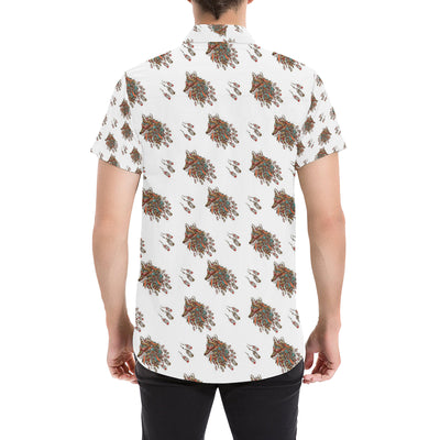 Aztec Wolf Pattern Print Design 02 Men's Short Sleeve Button Up Shirt