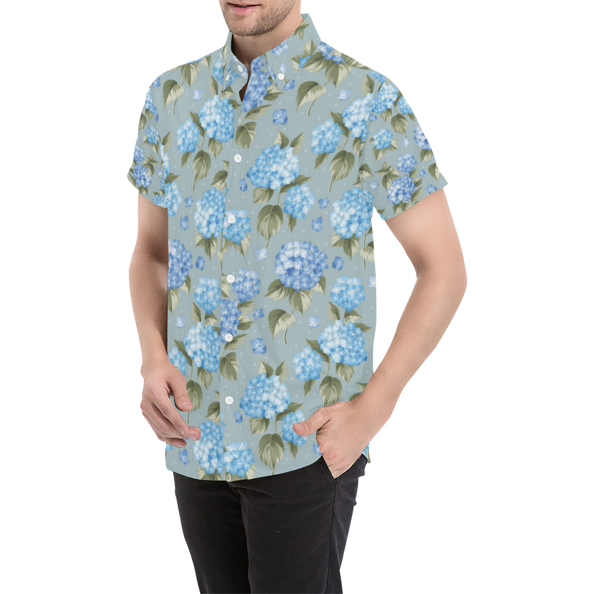 Hydrangea Pattern Print Design 01 Men's Short Sleeve Button Up Shirt