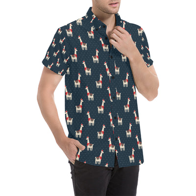 Llama with Polka Dot Themed Print Men's Short Sleeve Button Up Shirt