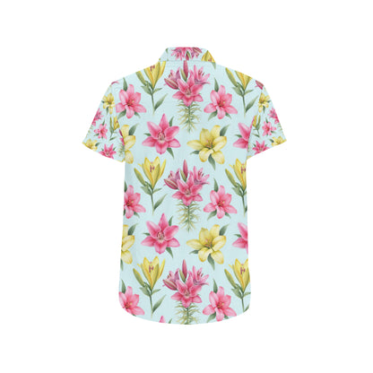 Lily Pattern Print Design LY010 Men's Short Sleeve Button Up Shirt