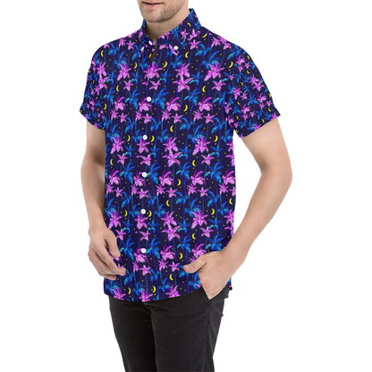Palm Tree Night Scene Design Print Men's Short Sleeve Button Up Shirt