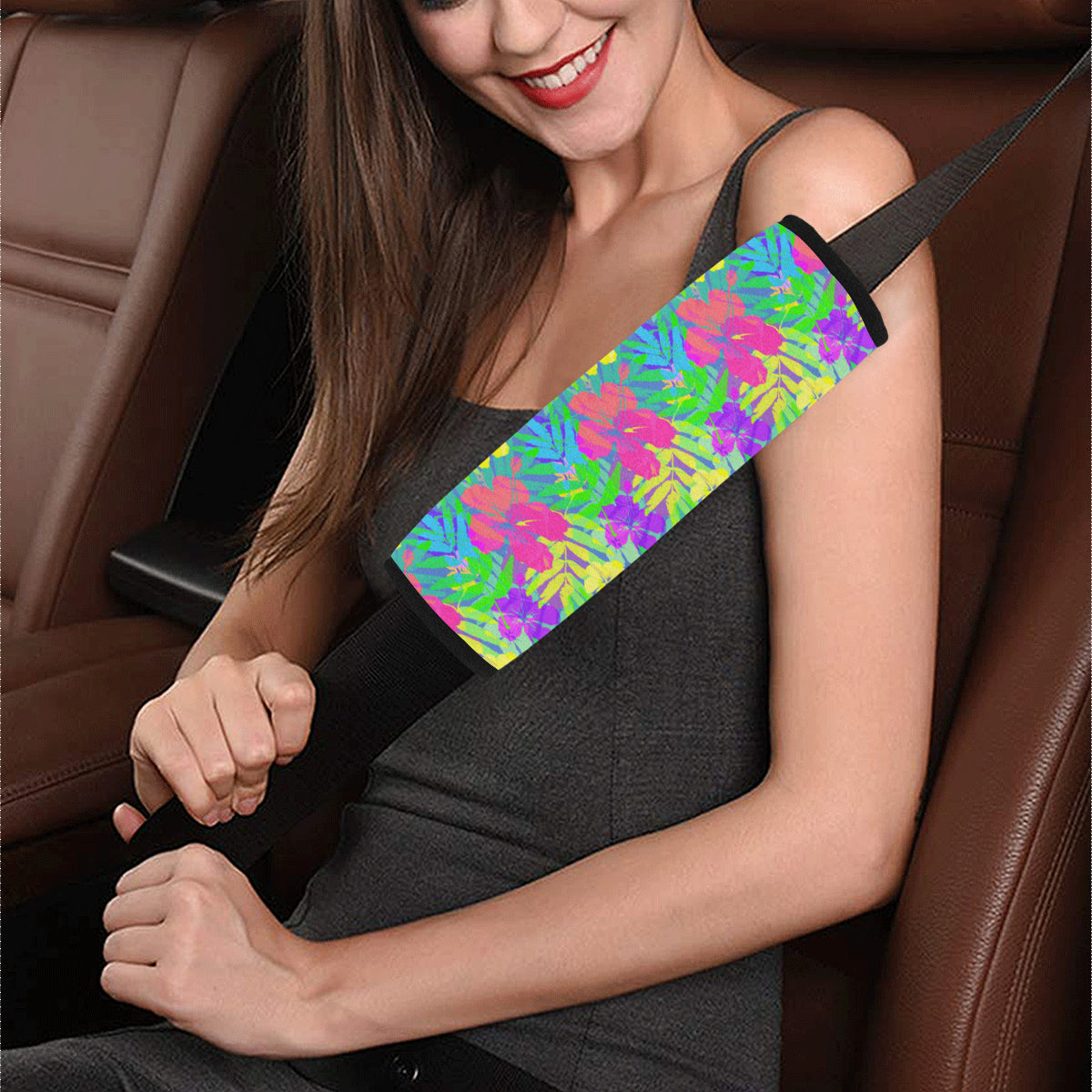 Neon Tropical Pattern Print Design A03 Car Seat Belt Cover