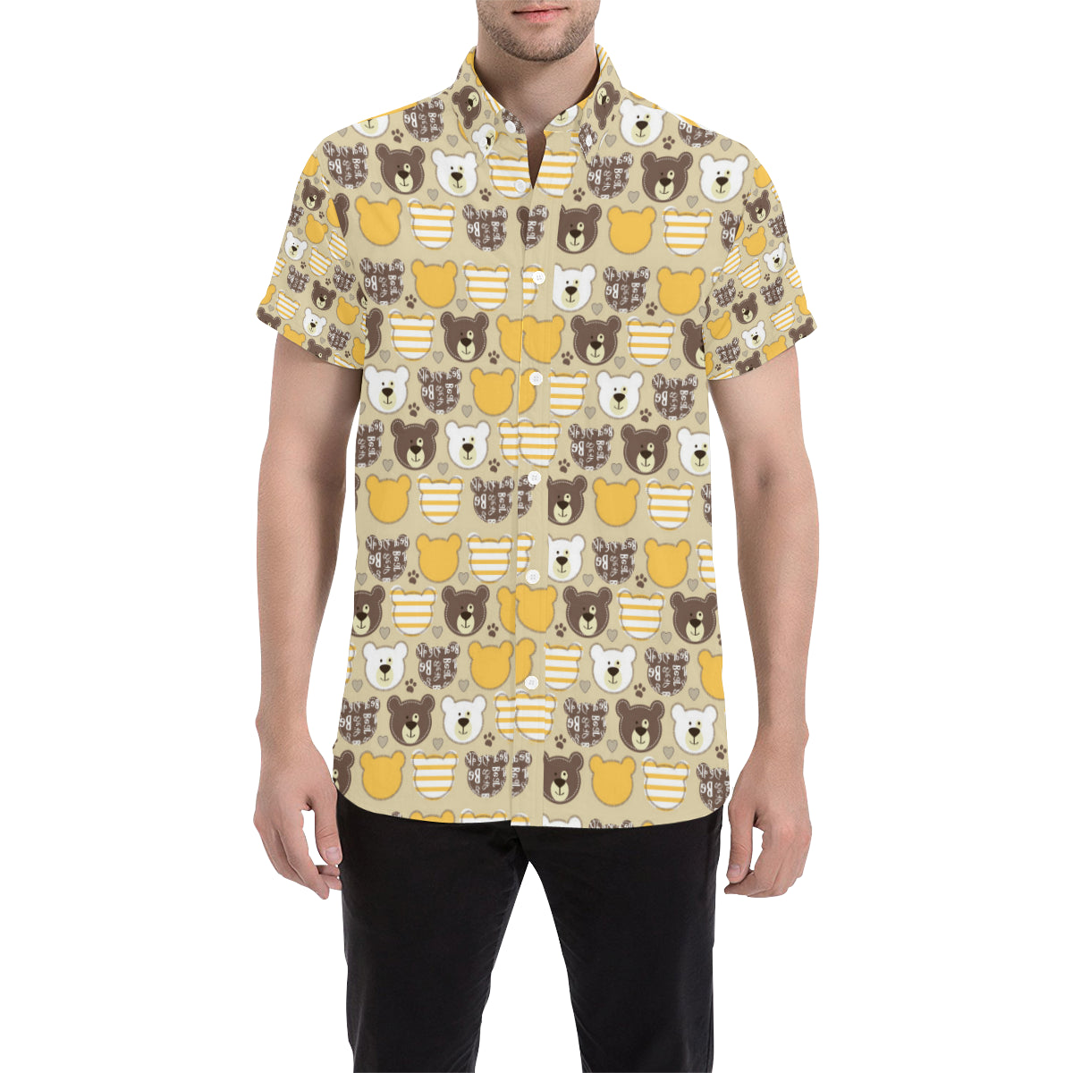 Bear PatchworkPattern Print Design 01 Men's Short Sleeve Button Up Shirt