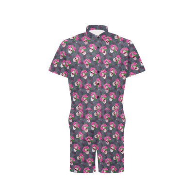 Sugar Skull Pink Rose Themed Print Men's Romper