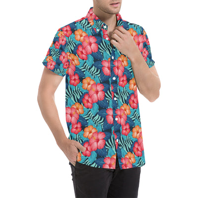 Red Hibiscus Pattern Print Design HB02 Men's Short Sleeve Button Up Shirt