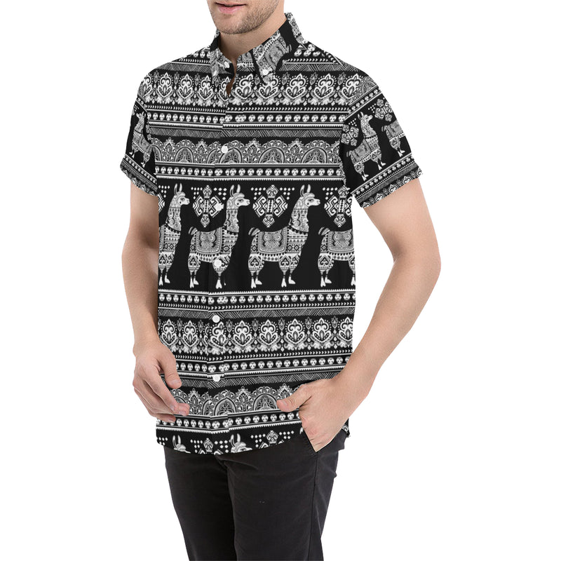 Llama Aztec Style Pattern Print Design 01 Men's Short Sleeve Button Up Shirt