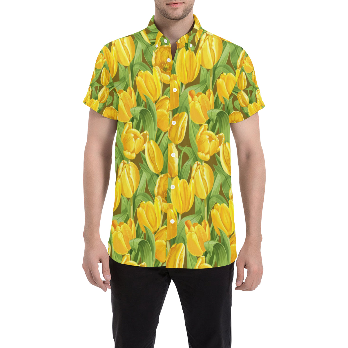 Tulip Yellow Pattern Print Design TP010 Men's Short Sleeve Button Up Shirt