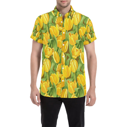 Tulip Yellow Pattern Print Design TP010 Men's Short Sleeve Button Up Shirt