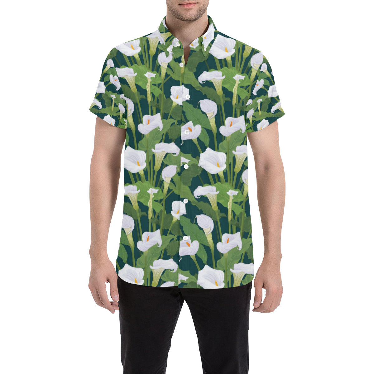 Lily Pattern Print Design 04 Men's Short Sleeve Button Up Shirt
