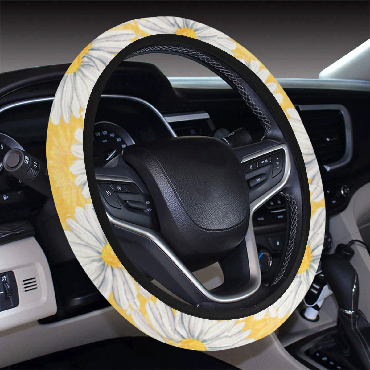 Daisy Yellow Watercolor Print Pattern Steering Wheel Cover with Elastic Edge