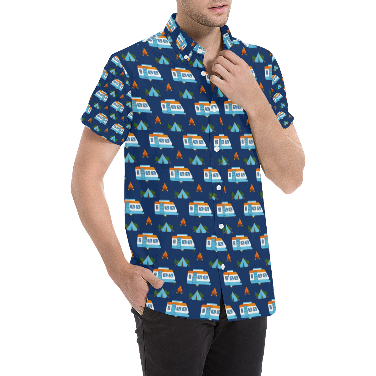 Camper Pattern Camping Themed No 3 Print Men's Short Sleeve Button Up Shirt