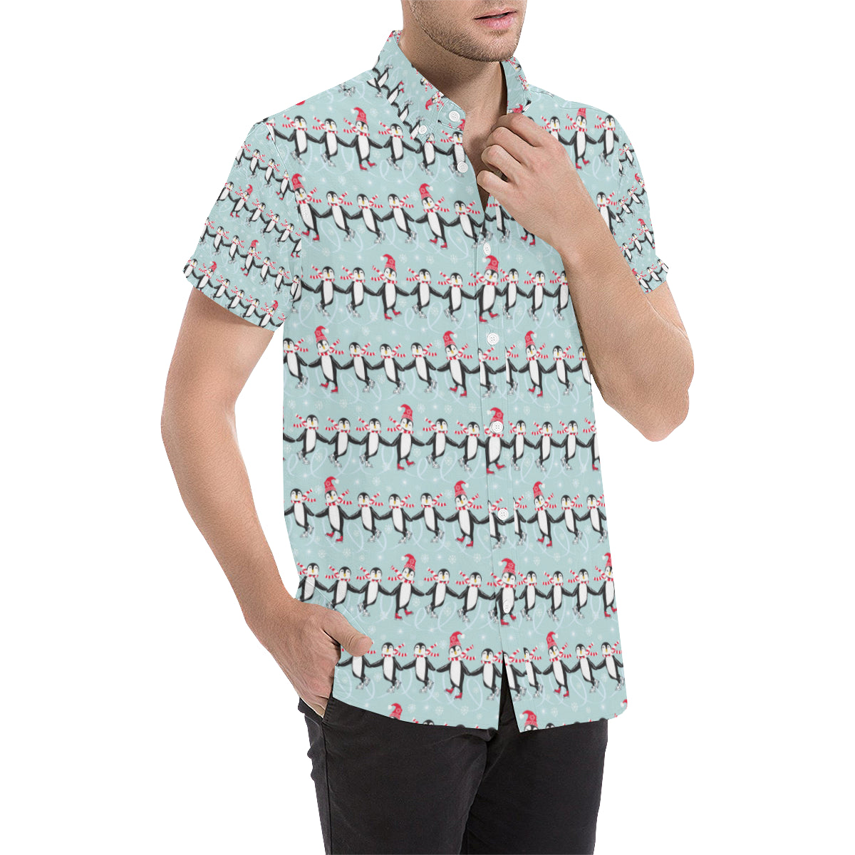 Penguin Sking Design Men's Short Sleeve Button Up Shirt