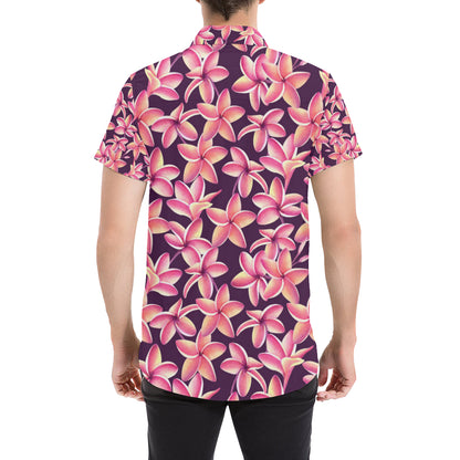 Purple Plumeria Pattern Print Design PM010 Men's Short Sleeve Button Up Shirt