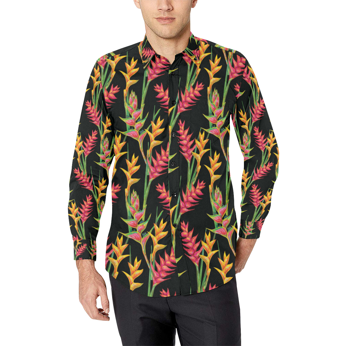 Heliconia Pattern Print Design HL01 Men's Long Sleeve Shirt