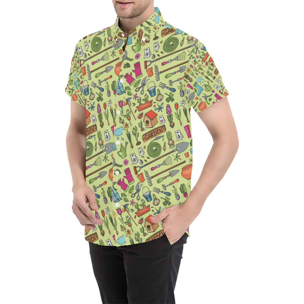 Gardening Pattern Print Design G02 Men's Short Sleeve Button Up Shirt