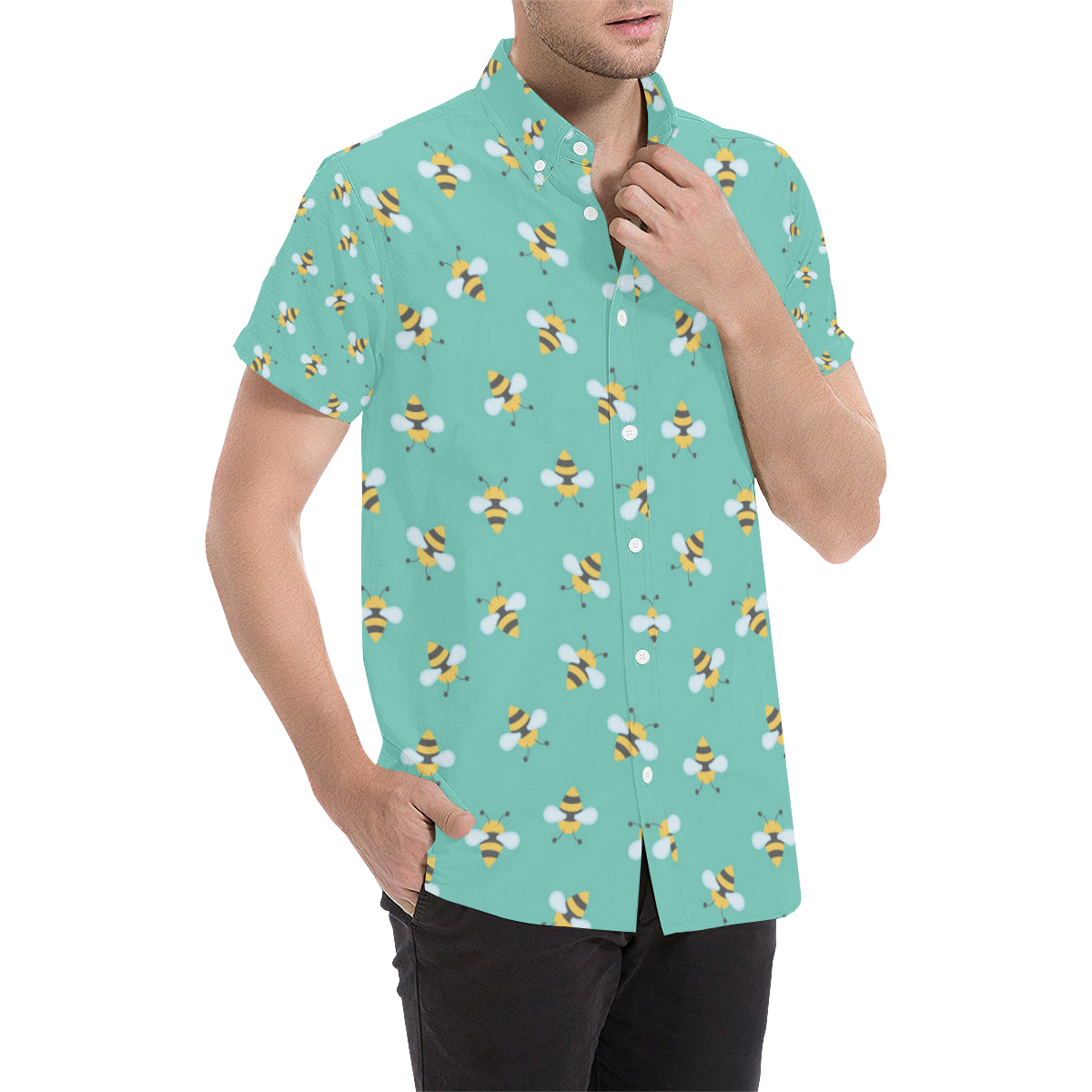 Bee Pattern Print Design 01 Men's Short Sleeve Button Up Shirt