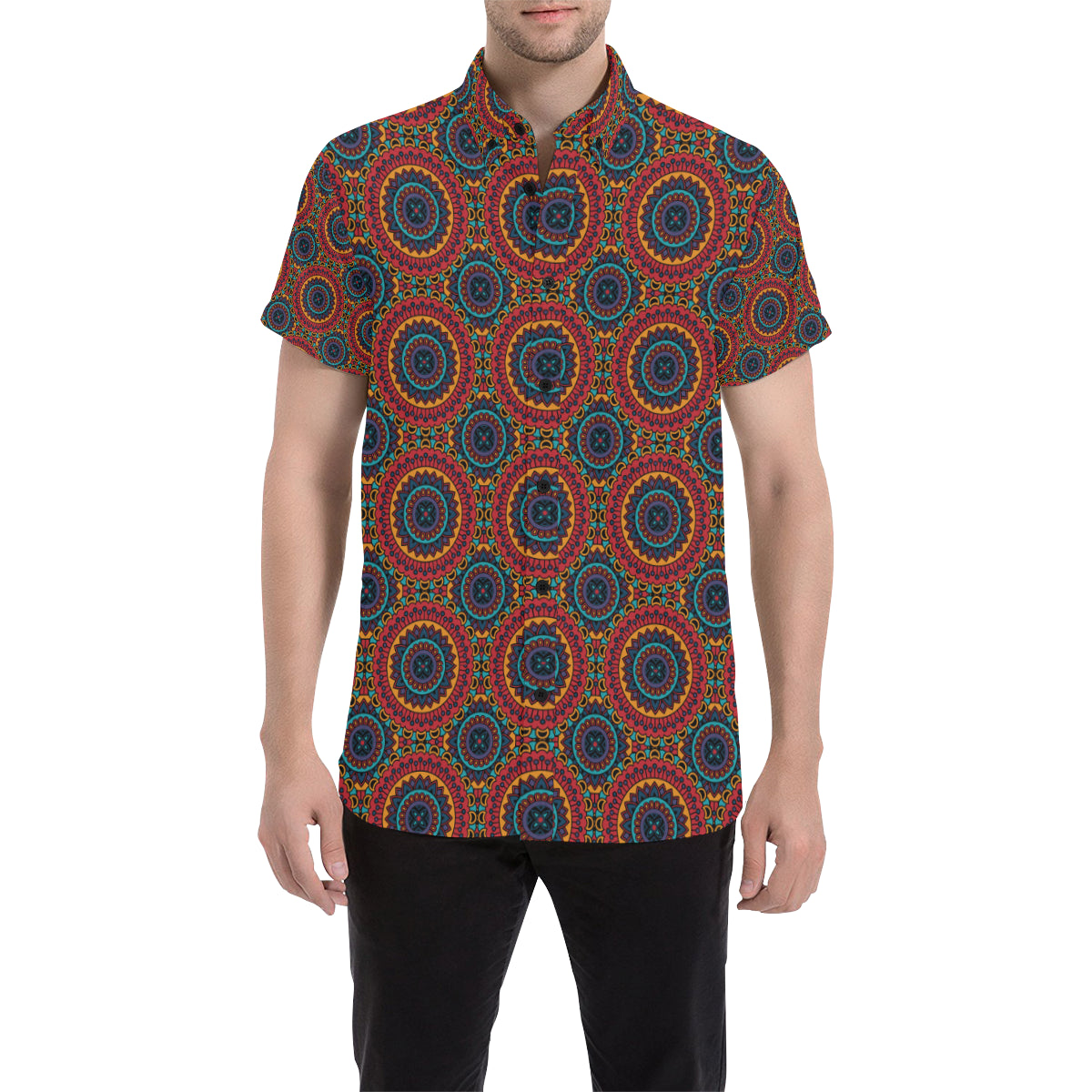 Bohemian Mandala Style Print Men's Short Sleeve Button Up Shirt