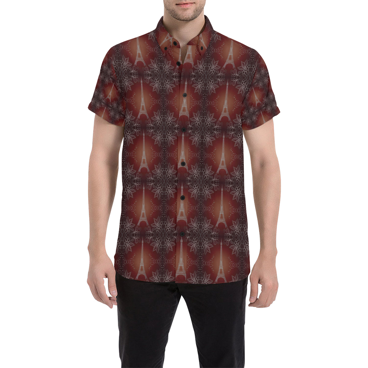 Eiffel Tower Drawing Print Men's Short Sleeve Button Up Shirt