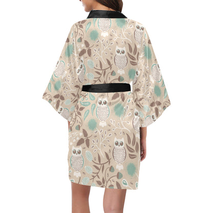 Owl Pattern Print Design A02 Women's Short Kimono