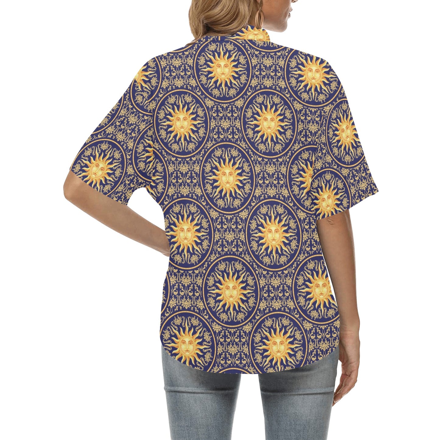 Celestial Gold Sun Face Women's Hawaiian Shirt