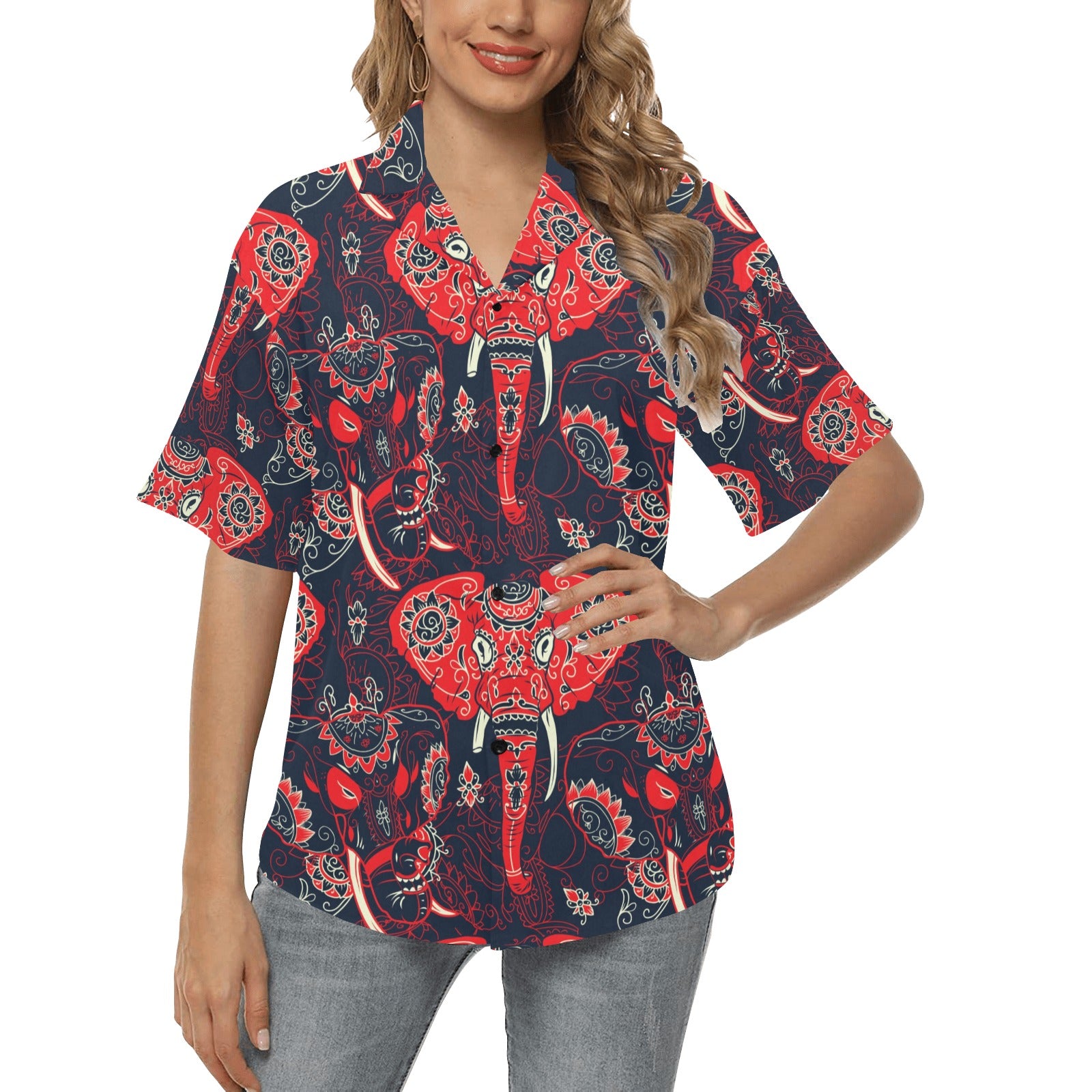 Red Indian Elephant Pattern Women's Hawaiian Shirt