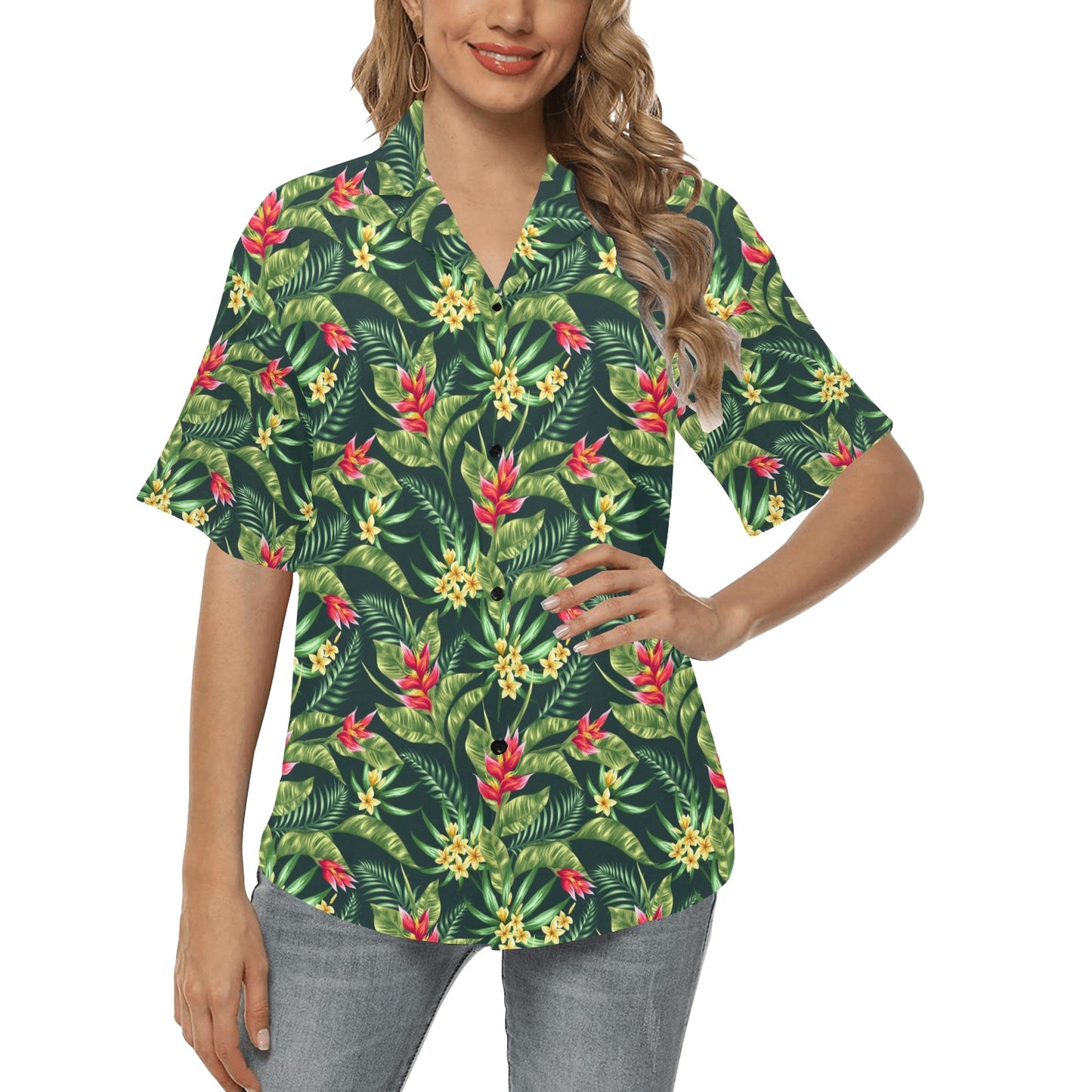 Tropical Folower Red Heliconia Print Women's Hawaiian Shirt