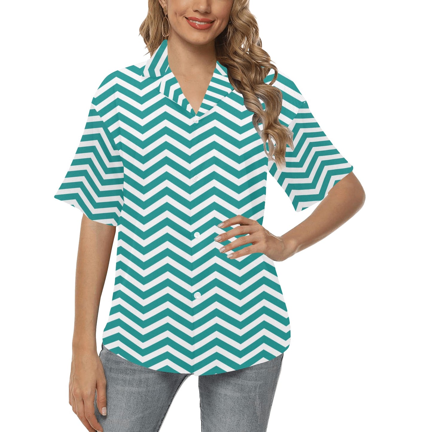 Chevron Teal Pattern Print Design 02 Women's Hawaiian Shirt