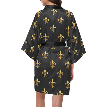 Fleur De Lis Gold Pattern Print Design 03 Women's Short Kimono