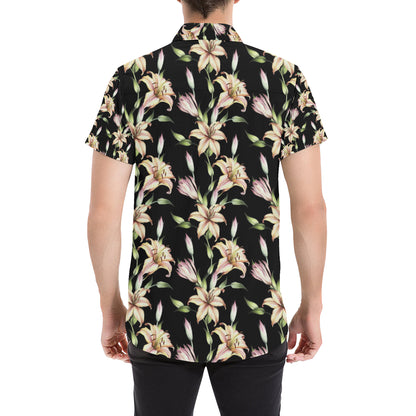 Lily Pattern Print Design LY05 Men's Short Sleeve Button Up Shirt