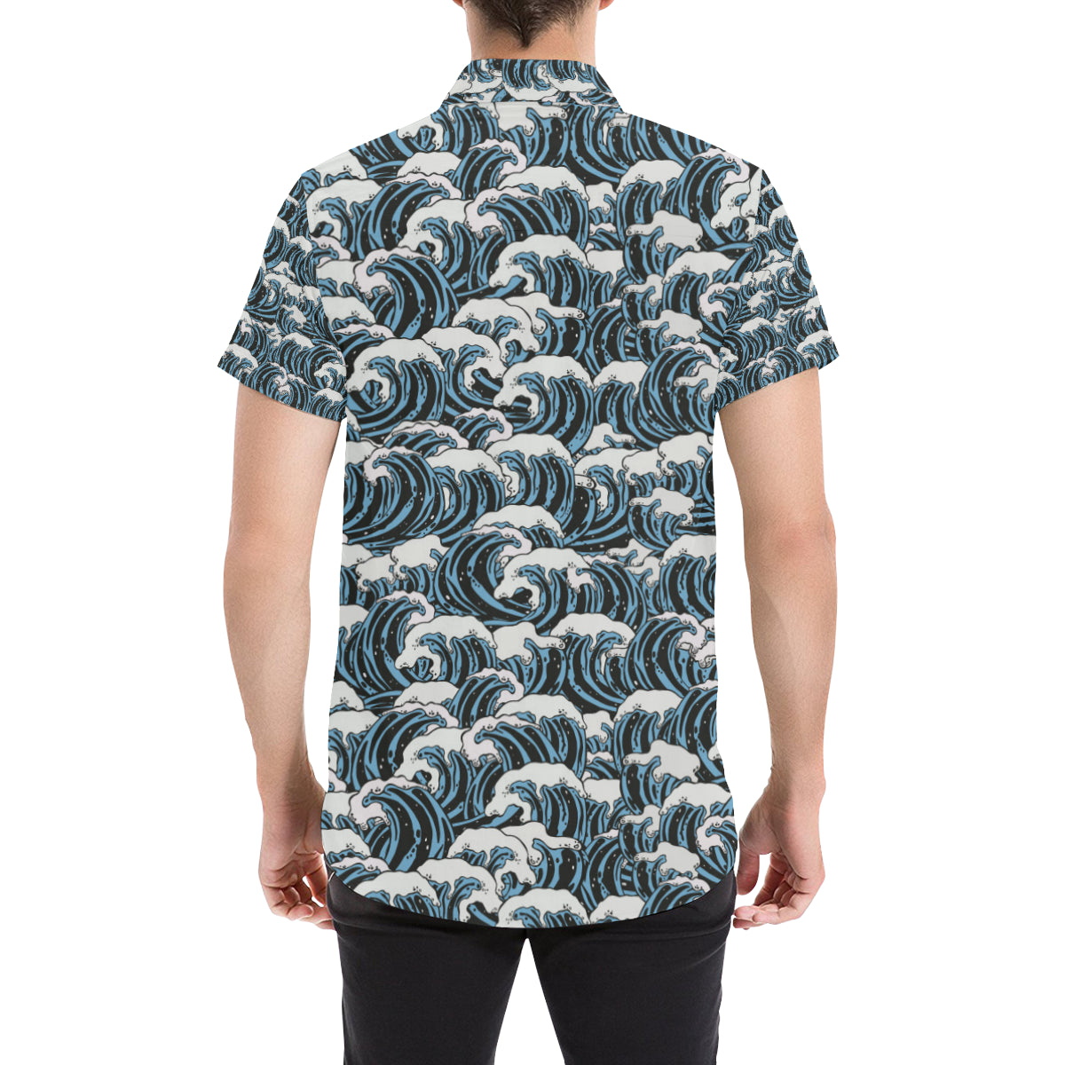 Surf Wave Pattern Print Men's Short Sleeve Button Up Shirt