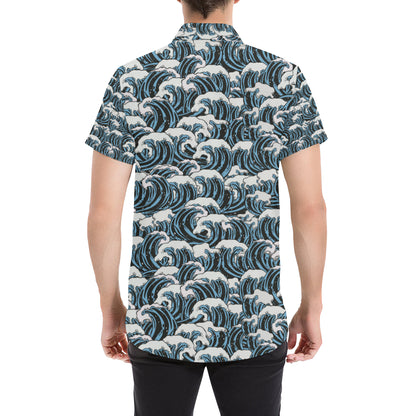 Surf Wave Pattern Print Men's Short Sleeve Button Up Shirt