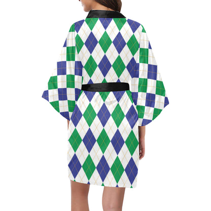 Argyle Green Blue Pattern Print Design 03 Women's Short Kimono