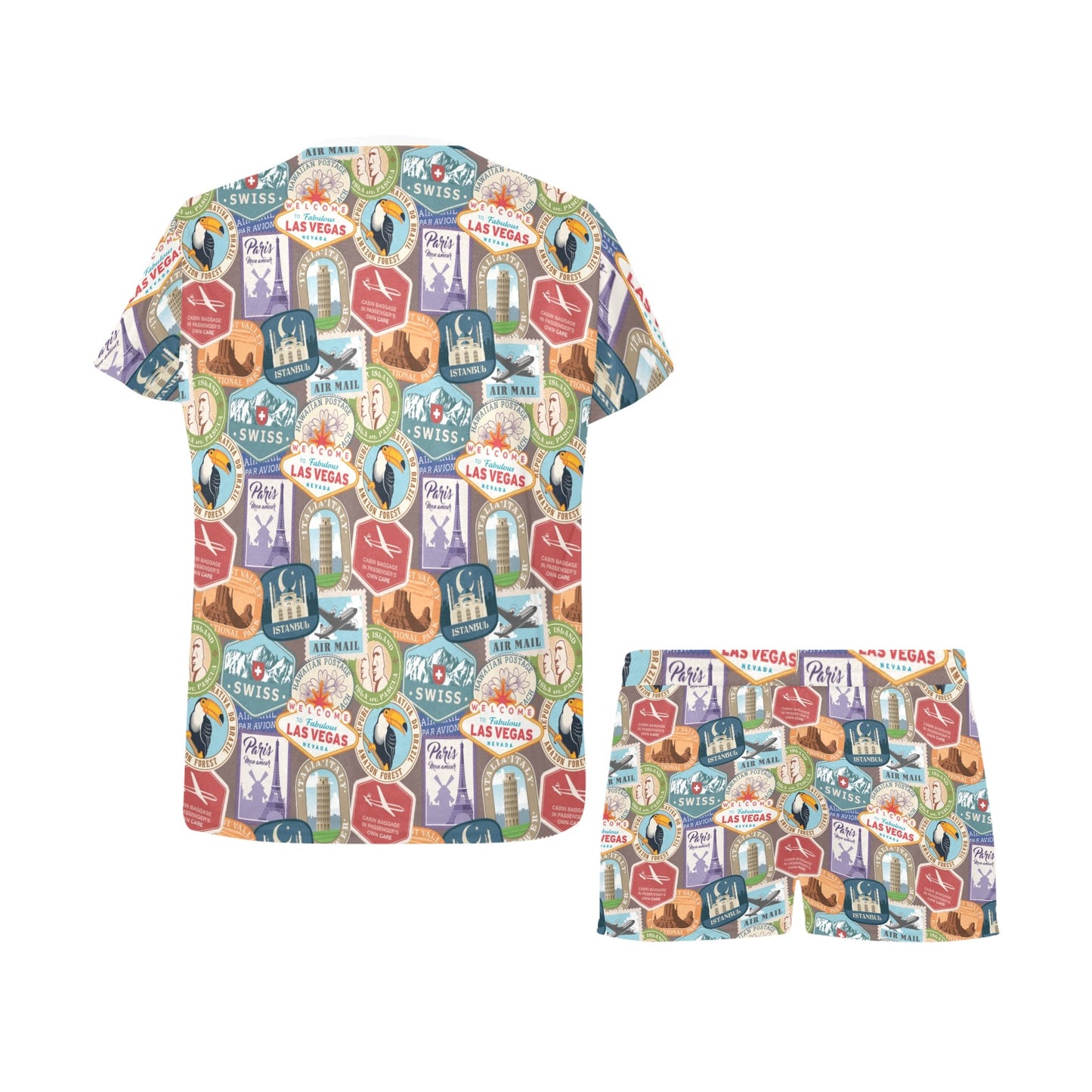 Travel Stamp Print Design LKS301 Women's Short Pajama Set