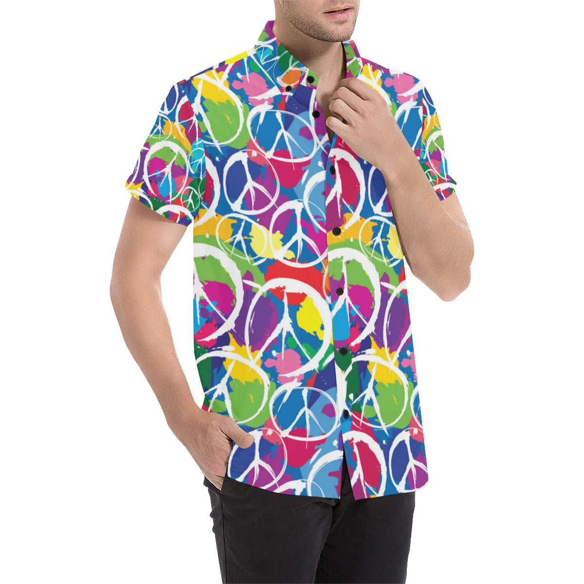 Peace Sign Colorful Pattern Print Design A02 Men's Short Sleeve Button Up Shirt