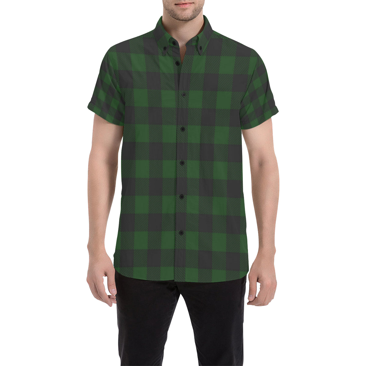 Buffalo check Green Pattern Print Design 02 Men's Short Sleeve Button Up Shirt