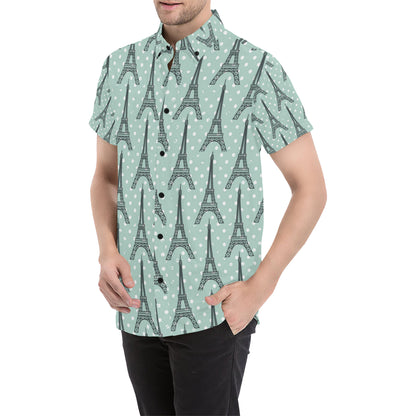 Eiffel Tower Polka Dot Print Men's Short Sleeve Button Up Shirt