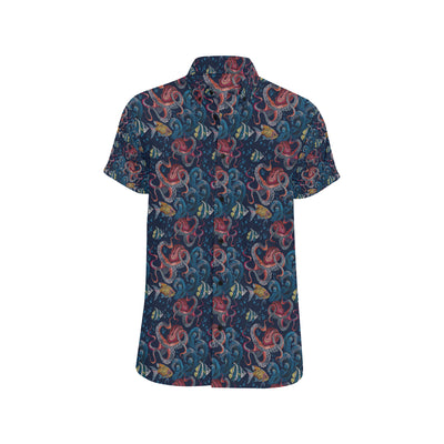 Octopus Deep Sea Print Themed Men's Short Sleeve Button Up Shirt