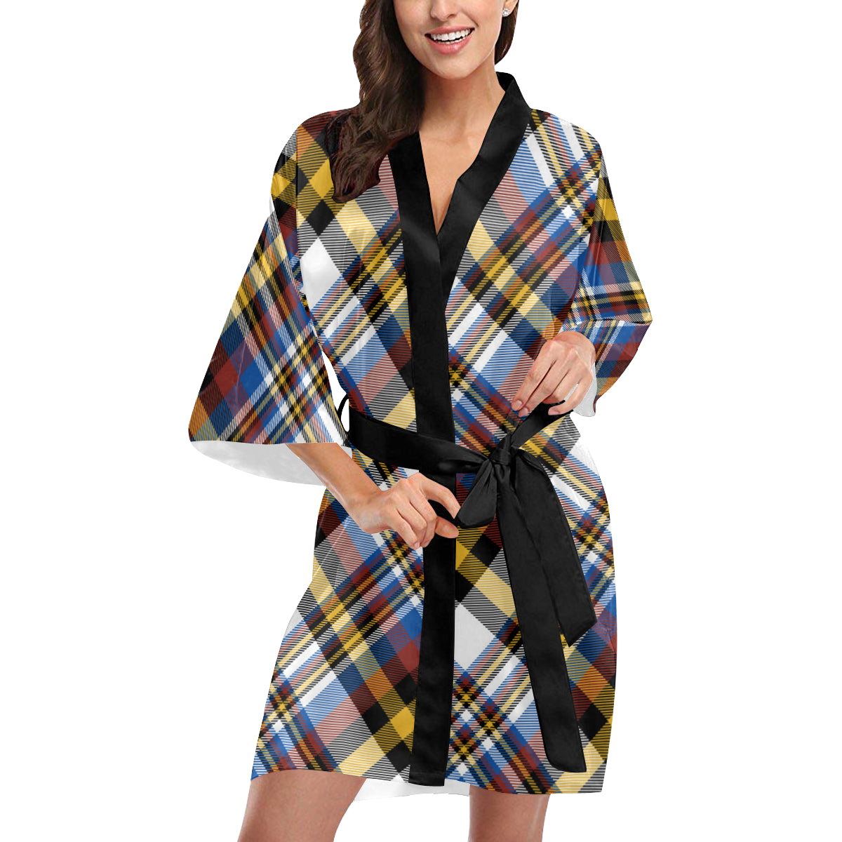 Madras Pattern Print Design 01 Women's Short Kimono